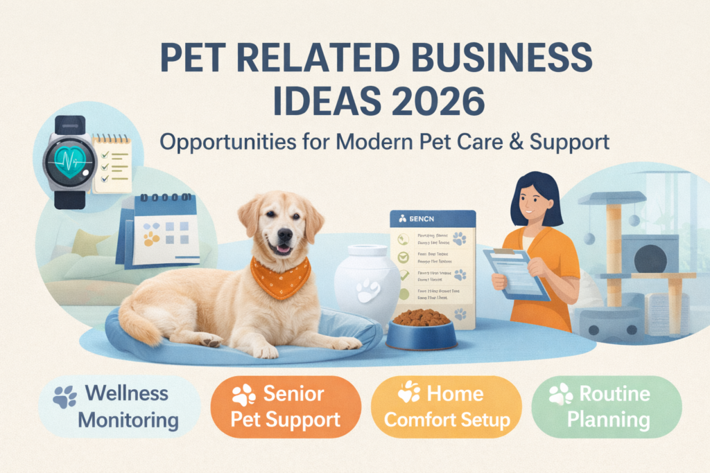 Pet related business ideas 2026 showing modern pet care services such as wellness monitoring, senior pet support, home comfort setup, and routine planning.