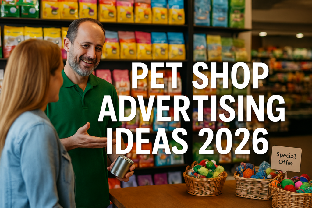 Pet shop advertising ideas 2026 illustrated with a shopkeeper helping a customer inside a colorful pet store.