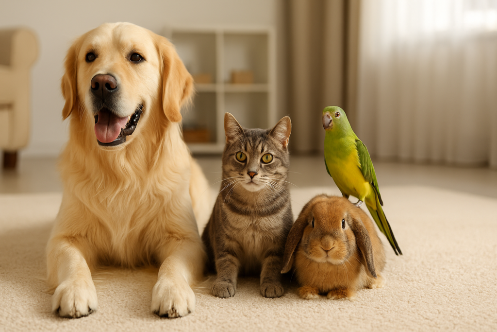 Golden Retriever, gray tabby cat, brown rabbit, and green parrot sitting together indoors on a soft carpet, representing popular home-friendly pets in 2026.