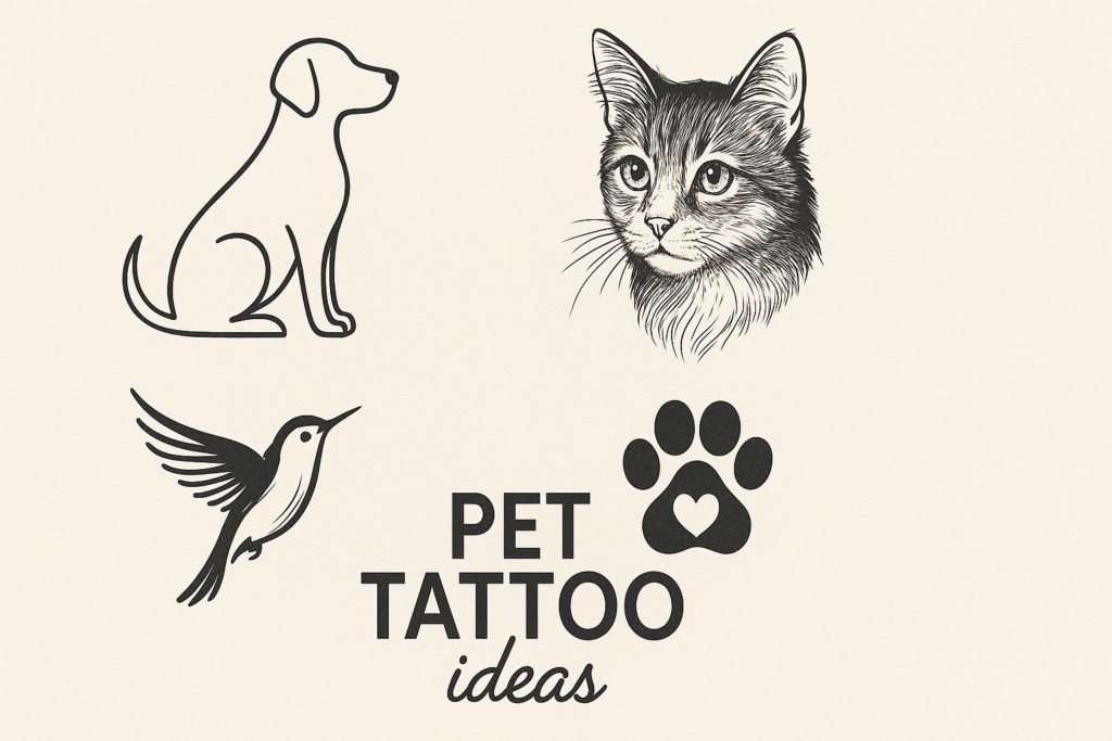 PET tattoo idea sheet showcasing minimal dog outline, realistic cat portrait, flying hummingbird, and paw print with heart symbol in black ink on a beige background.
