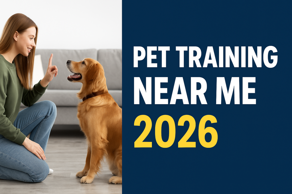A woman training her Golden Retriever indoors, with the text “Pet Training Near Me 2026” displayed on the right side of the featured image.