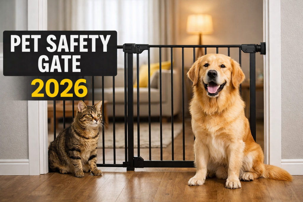 Pet safety gate installed at home to protect dog and cat indoors in 2026