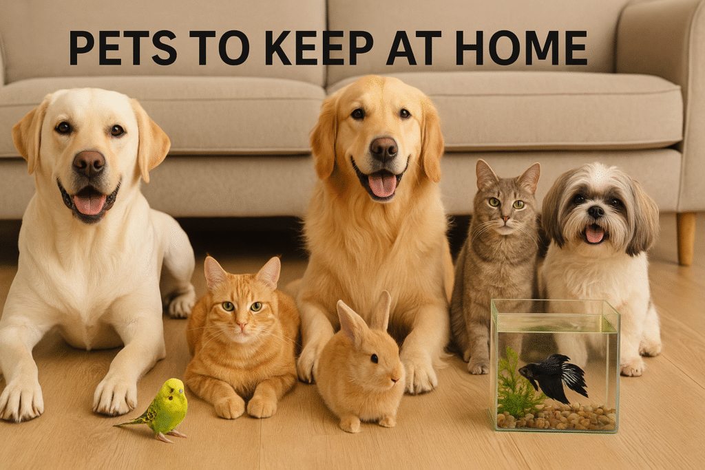 A group of home-friendly pets including Labrador, Golden Retriever, cats, rabbit, budgie, and a Betta fish sitting together in a living room
