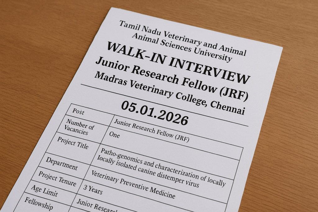 TANUVAS JRF Walk-in Interview 2026 job notice displayed on a clean desk with veterinary elements