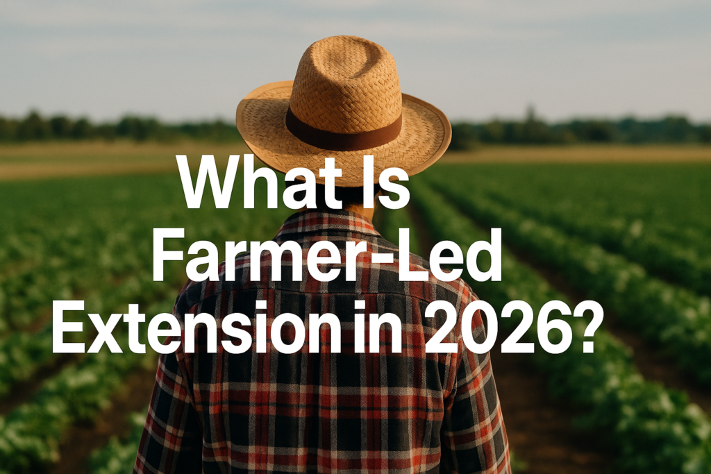 A farmer wearing a straw hat and checked shirt standing in a green crop field, with the text “What Is Farmer-Led Extension in 2026?” displayed over the image.