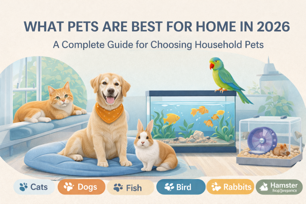 What pets are best for home 2026 showing dogs, cats, fish, birds, rabbits, and hamsters in a calm home environment.