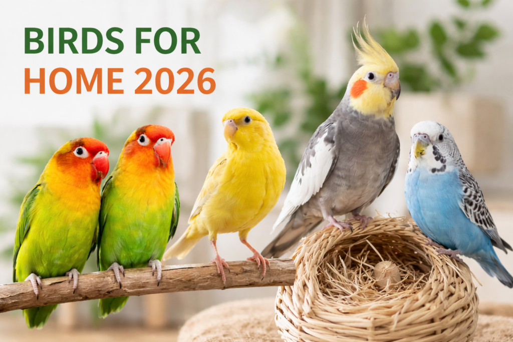 Colorful pet birds at home including lovebirds, canary, cockatiel, and budgie for birds for home 2026 guide