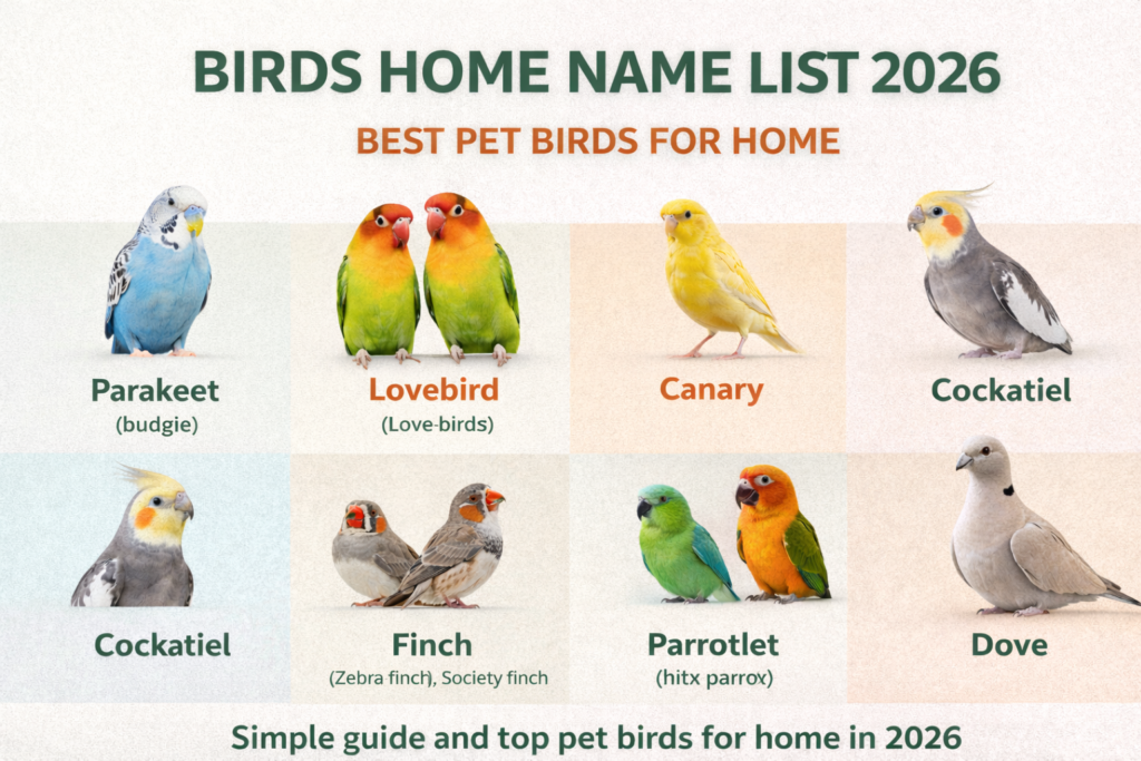 Birds home name list 2026 showing popular pet birds like parakeet, lovebird, canary, cockatiel, finch, parrotlet, and dove