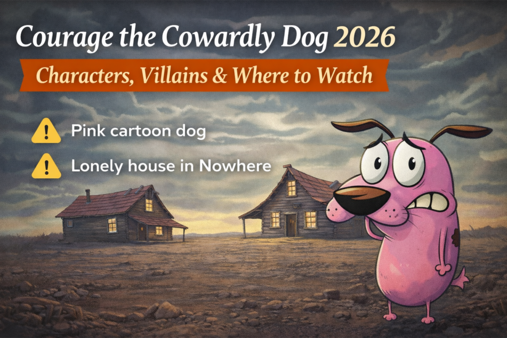 Courage the Cowardly Dog pink dog standing in front of his lonely house in 2026