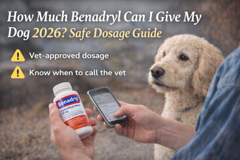 Dog owner checking Benadryl dosage for dog in 2026