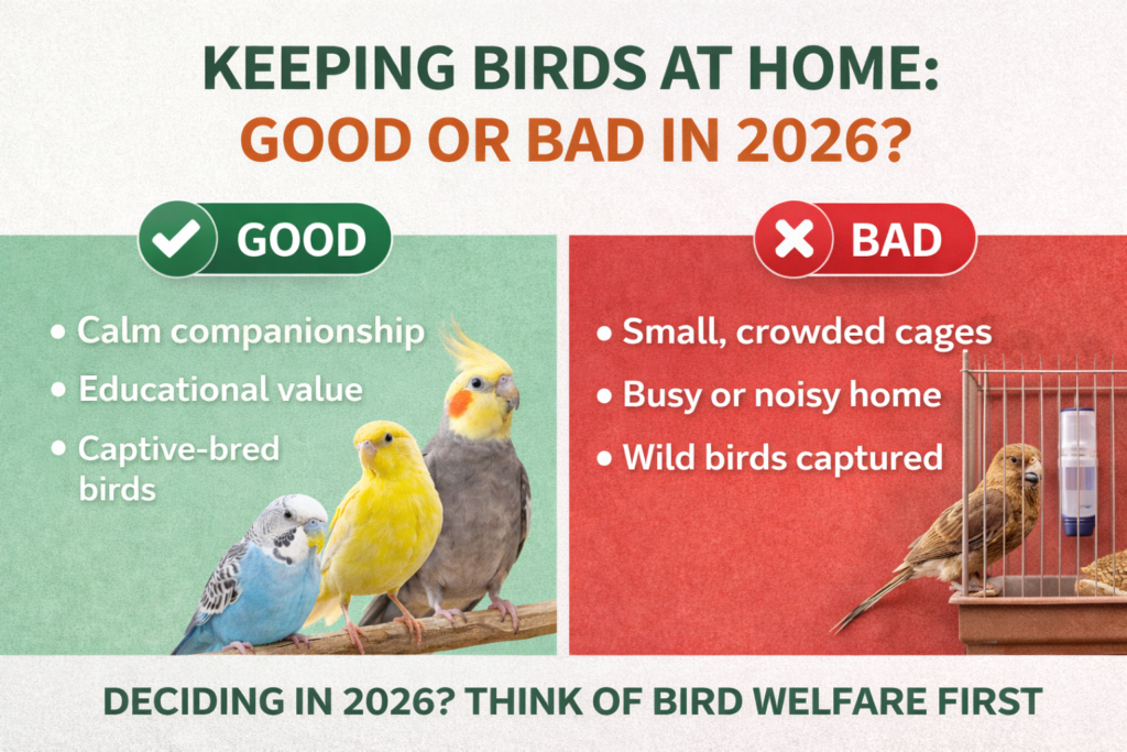 Infographic showing good and bad sides of keeping birds at home in 2026 with pet birds and cage example