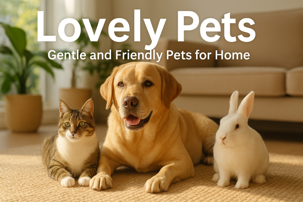 Lovely pets including a dog, cat, and rabbit in a calm home environment