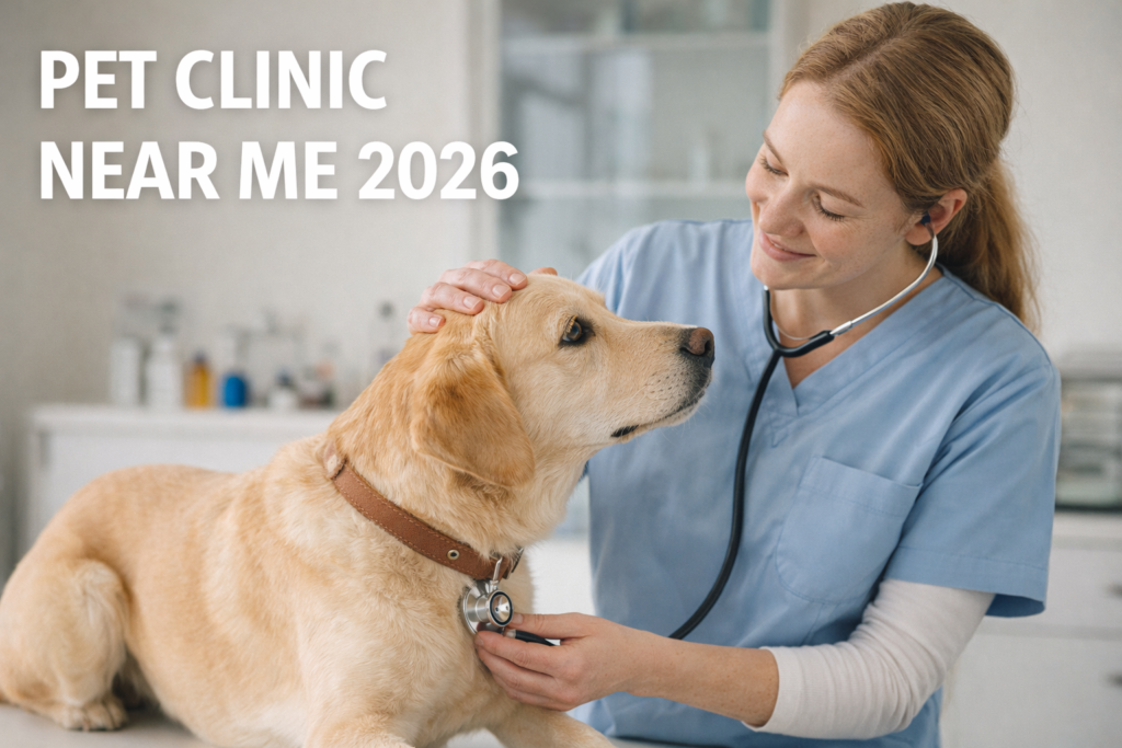 Pet clinic near me 2026 with a veterinarian checking a dog in a clean nearby clinic