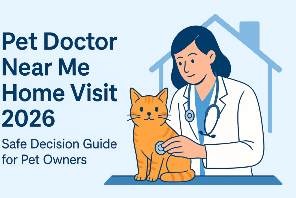 Pet doctor checking a cat during a home visit, explaining safe veterinary home care decisions in 2026