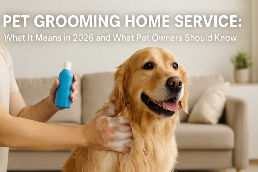 Pet grooming home service shown with a dog being gently groomed inside a home living room