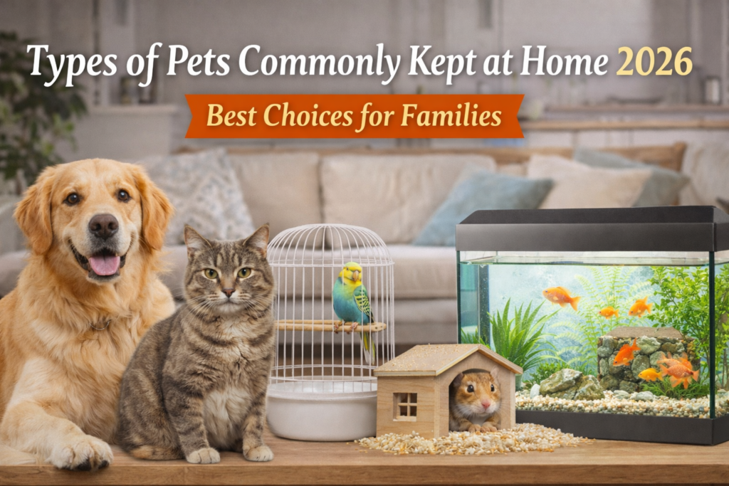 Types of pets commonly kept at home 2026 including dogs cats birds and fish