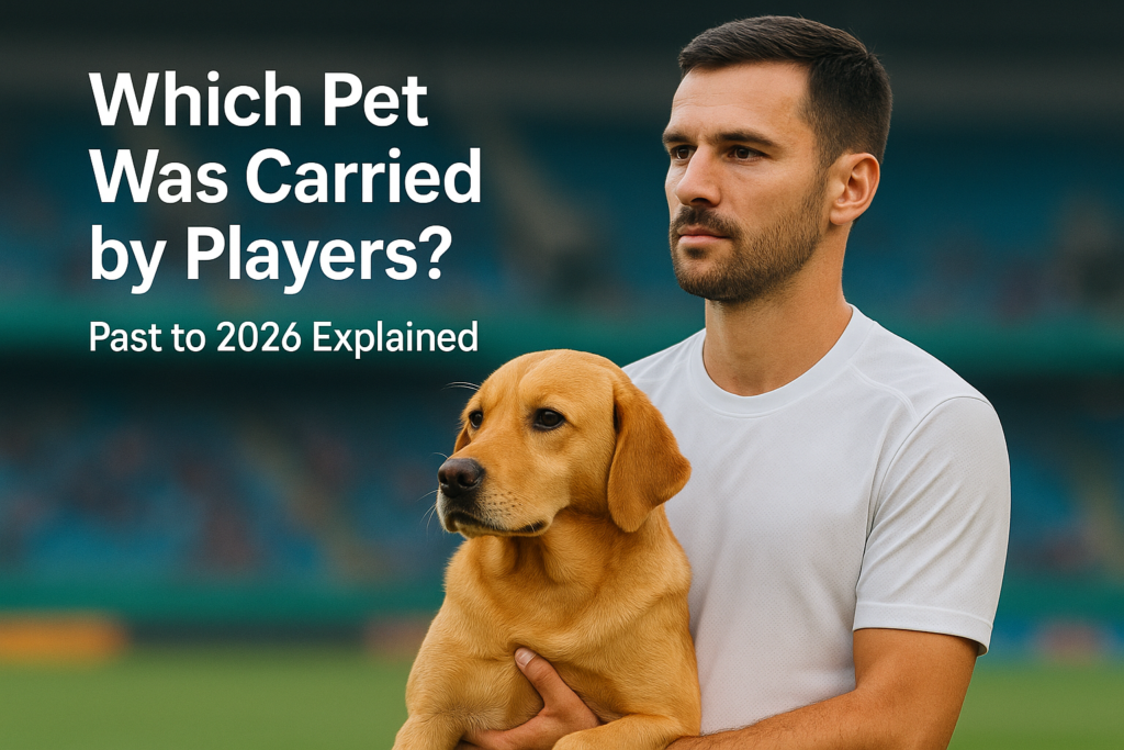 Which pet was carried by players shown with a dog during a sports ceremony