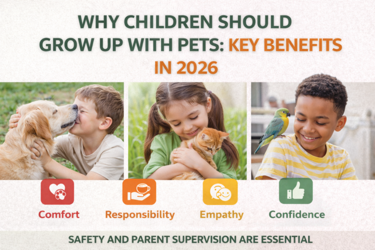 Children bonding with a dog, cat, and bird at home, showing why children should grow up with pets in 2026