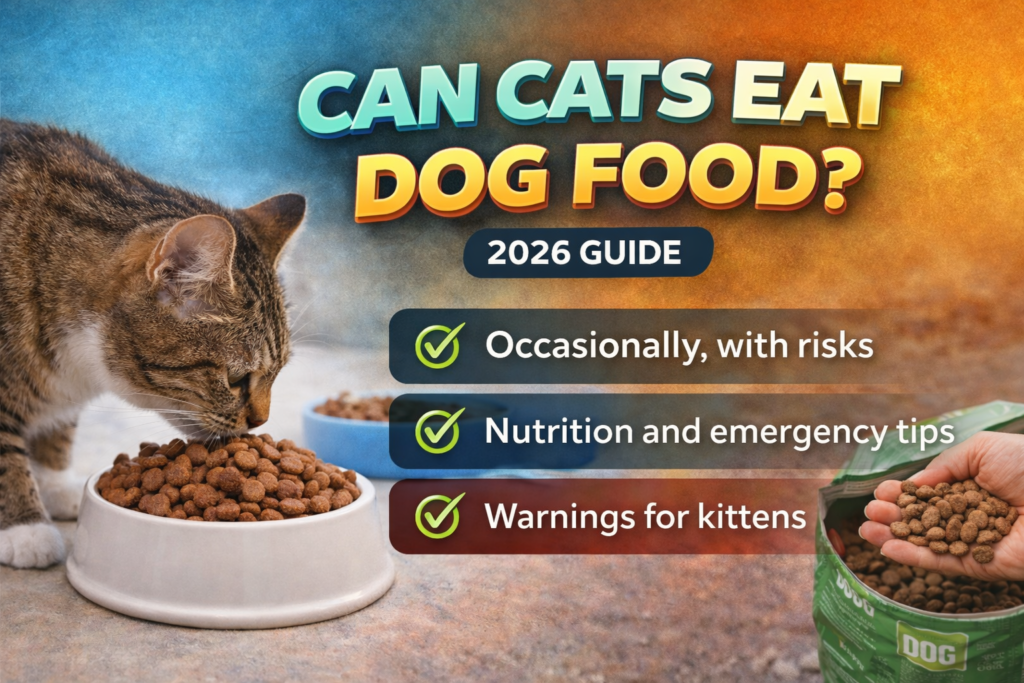 Cat sniffing dog food bowl showing whether cats can eat dog food safely, with risks and nutrition guidance in 2026