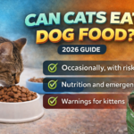 Cat sniffing dog food bowl showing whether cats can eat dog food safely, with risks and nutrition guidance in 2026
