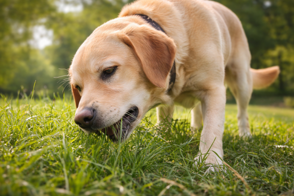 Dog eating grass during a walk, explaining normal canine behavior in 2026